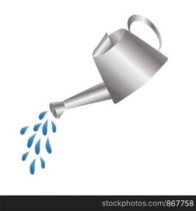 Gray, metal, stainless steel watering can, water sprayed from watering can, drops in the air