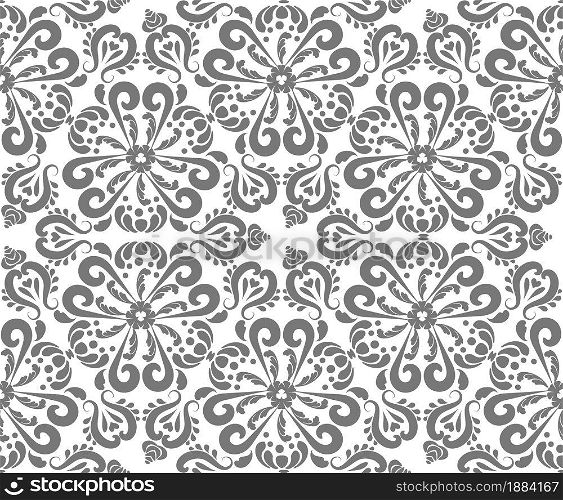 Gray oriental ornament seamless pattern. Rich damask pattern background. Gray, white color. Decorative texture. Mehndi patterns. For fabric, wallpaper, packaging.. Gray oriental ornament seamless pattern.