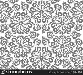 Gray oriental ornament seamless pattern. Rich damask pattern background. Gray, white color. Decorative texture. Mehndi patterns. For fabric, wallpaper, packaging.. Gray oriental ornament seamless pattern.