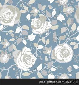 Gray pattern with big white roses. Vector wallpaper with big illustration flowers. Hand drawn plants. Colorful floral pattern. Vector wallpaper with big illustration flowers. Hand drawn plants, roses