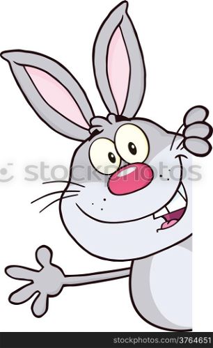 Gray Rabbit Cartoon Character Looking Around A Blank Sign And Waving