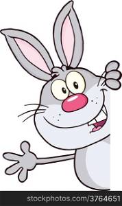 Gray Rabbit Cartoon Character Looking Around A Blank Sign And Waving