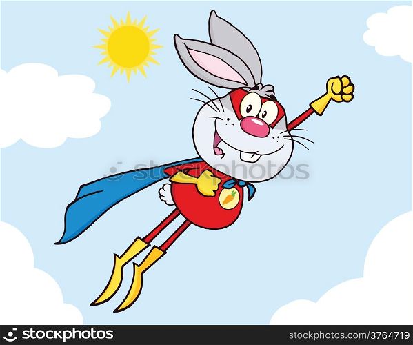 Gray Rabbit Superhero Cartoon Character Flying In The Sky