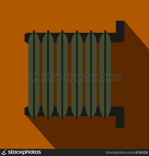 Gray radiator, flat design. Icon with long shadow on yellow background. Gray radiator, flat design