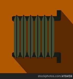 Gray radiator, flat design. Icon with long shadow on yellow background. Gray radiator, flat design