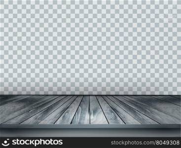 Gray scale background with wooden floor and a transparent back wall. Vector.
