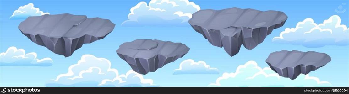 Gray stone floating islands in blue sky with clouds - game flying rock platforms for level ui design. 2d cartoon stony land pieces for jumping and running in videogame. Panoramic vector background.. Gray stone floating islands in sky with clouds