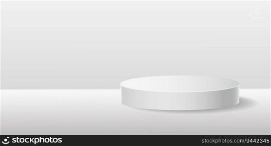 Gray studio background with white stage podium and soft light. Minimalistic blank pedestal for product or object presentation. 3-D Vector Illustration.