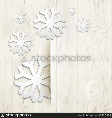 Gray wood texture with snow flakes. Vector illutration.