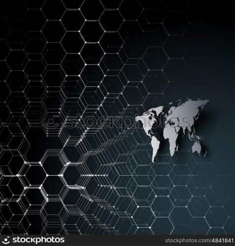 Gray world map, connecting lines and dots on black color background. Chemistry pattern, hexagonal molecule structure, scientific or medical research. Medicine, science, technology concept. Abstract design vector decoration.