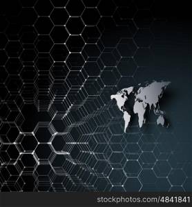Gray world map, connecting lines and dots on black color background. Chemistry pattern, hexagonal molecule structure, scientific or medical research. Medicine, science, technology concept. Abstract design vector decoration.
