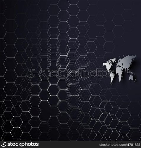Gray world map with connecting lines and dots on blue color background. Chemistry pattern, hexagonal molecule structure, scientific or medical research. Medicine, science, technology concept. Abstract design vector decoration.