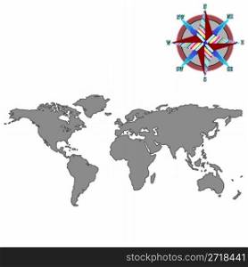 gray world map with wind rose, vector art illustration