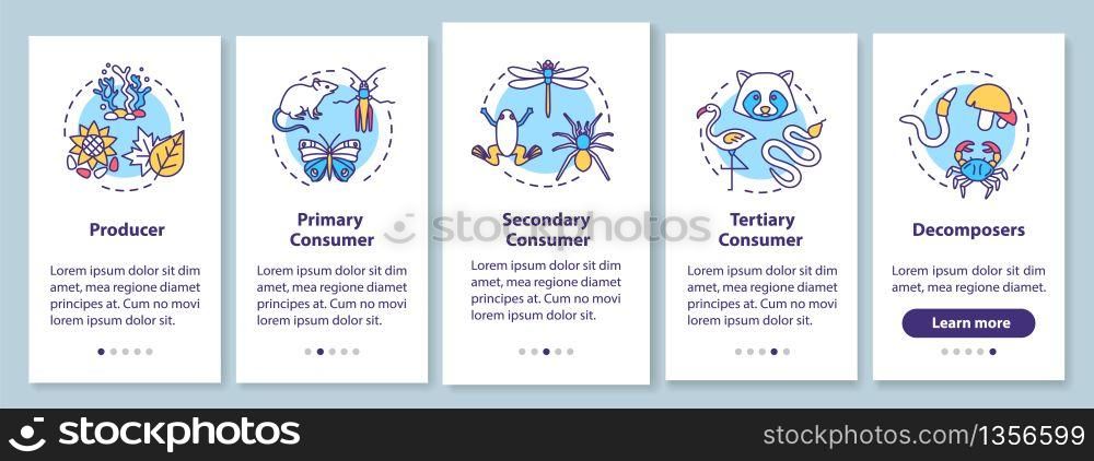 Grazing food chain onboarding mobile app page screen with concepts. Biological energy transferring process walkthrough 5 steps graphic instructions. UI vector template with RGB color illustrations