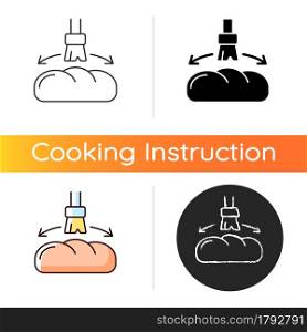 Grease for baking icon. Brushing oil on bread loaf. Baking recipe. Cooking instruction step. Food preparation process. Linear black and RGB color styles. Isolated vector illustrations. Grease for baking icon