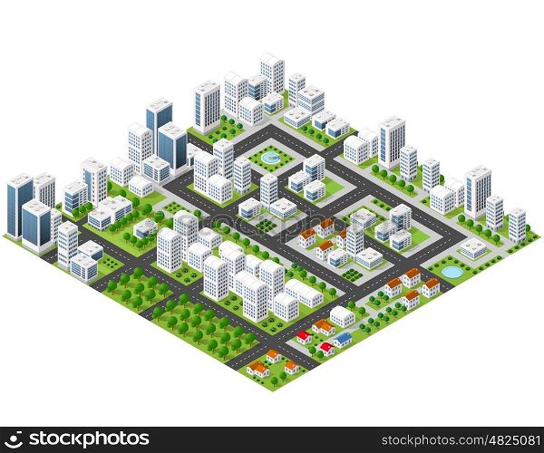 Great 3D metropolis of skyscrapers, houses, gardens and streets in a three-dimensional isometric view