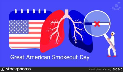 Great American Smoke Out Day is organized on the third Thursday of November in USA. Medical concept vector is presented, tiny doctor warn smokers about the dangers, consequences of lung cancer.. Great American Smoke Out Day is organized on the third Thursday of November in USA.