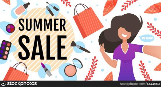 Great Beauty Summer Sales on Womens Cosmetics Flat Banner. Beautiful Fashion Young Girl Taking Selfie with Seasonal Discount Offer Text or after Use Care Products. Vector Advertising Flat Illustration. Beauty Summer Sale on Womens Cosmetics Flat Banner