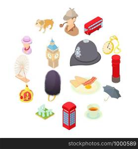 Great Britain icons set in isometric 3d style. London set collection vector illustration. Great Britain icons set, isometric 3d style