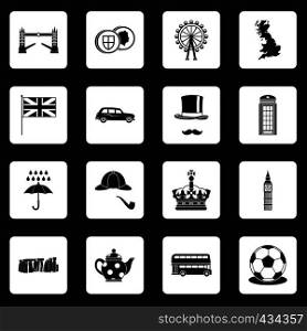 Great Britain icons set in white squares on black background simple style vector illustration. Great Britain icons set squares vector