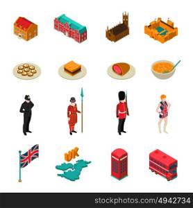 Great Britain Isometric Touristic Set. Colorful great britain isometric touristic set with british national cuisine architecture characters and symbols isolated on white background vector illustration