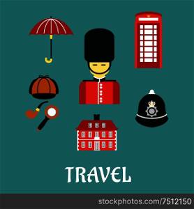 Great Britain travel flat iocns and symbols with guard soldier, red telephone booth, police helmet, detective cap, pipe and magnifier, umbrella and old building. Great Britain travel flat icons