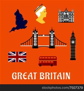 Great Britain travel flat symbols and icons of national flag, map, Tower bridge, Big Ben, cathedral and double decker red london bus. Great Britain travel flat icons