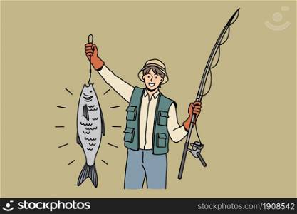 Great catch during fishing concept. Young smiling man cartoon character standing holding huge fish during fishing feeling lucky positive vector illustration . Great catch during fishing concept.