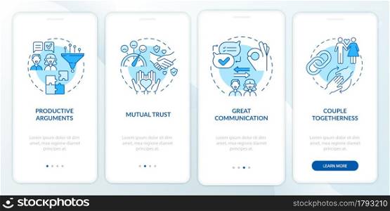 Great communication onboarding mobile app page screen. Couple togetherness walkthrough 4 steps graphic instructions with concepts. UI, UX, GUI vector template with linear color illustrations. Great communication onboarding mobile app page screen