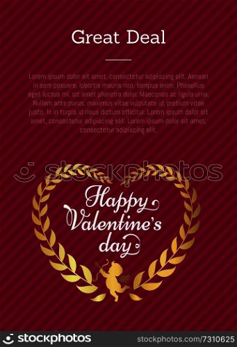Great deal Happy Valentines day poster with heart made of decorative golden leaves, cupid silhouette on pink background with place for text. Happy Valentines Day Poster with Heart Vector