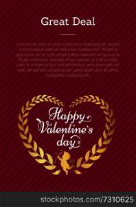 Great deal Happy Valentines day poster with heart made of decorative golden leaves, cupid silhouette on pink background with place for text. Happy Valentines Day Poster with Heart Vector