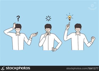 Great idea, innovation, strategy concept. Young positive businessman standing thinking and searching for idea process in business development vector illustration . Great idea, innovation, strategy concept.