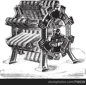 Great magneto-electric machine for headlights, Mr de Meritens, vintage engraved illustration. Industrial encyclopedia E.-O. Lami - 1875.