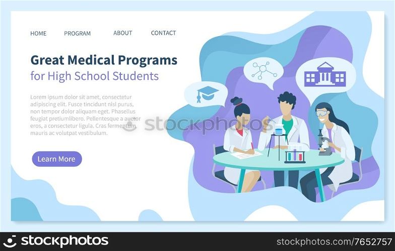 Great medical program for high school students, people dealing with samples and researches. Doctors at work conducting researches. Website or webpage template, landing page, vector in flat style. Medical Program for High School Students Website