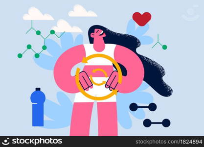 Great metabolism and healthy lifestyle concept. Young smiling positive girl cartoon character wearing sportswear standing feeling harmony after sports training vector illustration . Great metabolism and healthy lifestyle concept