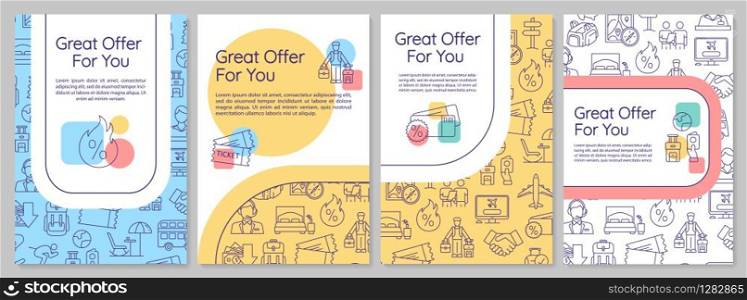 Great offer for you brochure template. Money saving tourism. Flyer, booklet, leaflet print, cover design with linear icons. Vector layouts for magazines, annual reports, advertising posters