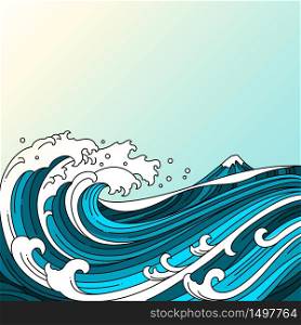 Great oriental water ocean vector illustration.Japan wave.Colored line.