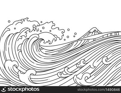 Great oriental water ocean vector illustration.Japan wave.Single line.