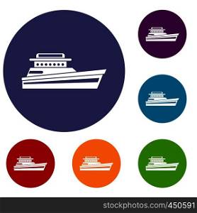 Great powerboat icons set in flat circle reb, blue and green color for web. Great powerboat icons set