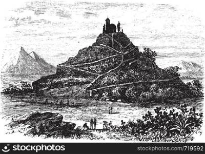 Great Pyramid of Cholula or Tlachihualtepetl in Puebla, Mexico, during the 1890s, vintage engraving. Old engraved illustration of the Great Pyramid of Cholula.