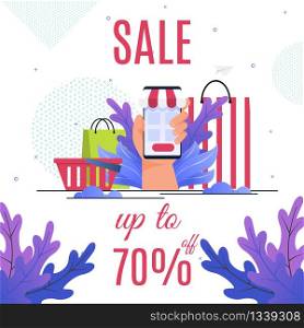 Great Sales Proposition from Online Store. Advertising Banner. Promotional Poster. Best Offer to Buy with Sell-out up to 70 percent. Vector Hand Holding Phone. Shopping Bags and Foliage Illustration. Great Sales Proposition from Online Store Banner
