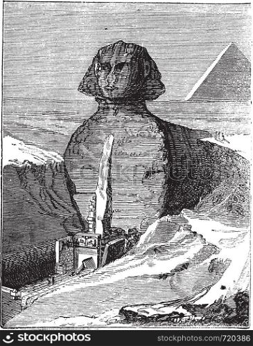 Great Sphinx of Giza in Giza, Egypt, during the 1890s, vintage engraving. Old engraved illustration of Great Sphinx of Giza.