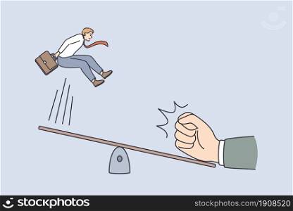 Great start and innovation concept. Young smiling businessman jumping from swing with human hand making push from another side vector illustration . Great start and innovation concept.
