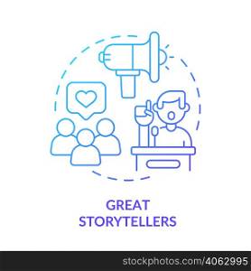 Great storytellers blue gradient concept icon. Oratory skills. Charismatic people characteristic abstract idea thin line illustration. Isolated outline drawing. Myriad Pro-Bold font used. Great storytellers blue gradient concept icon