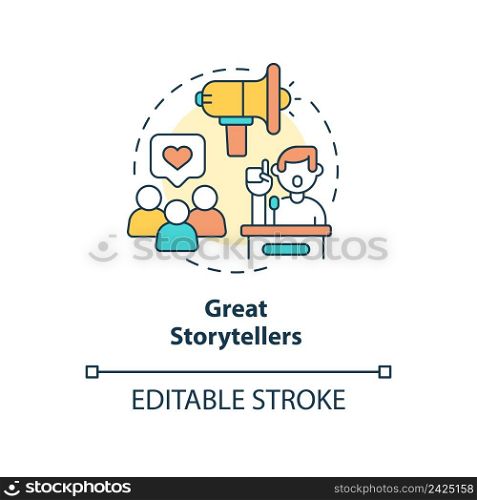 Great storytellers concept icon. Charismatic people characteristic abstract idea thin line illustration. Isolated outline drawing. Editable stroke. Arial, Myriad Pro-Bold fonts used. Great storytellers concept icon