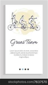 Great tea vector, people riding bicycles and leading active lifestyle, monochrome sketch of workers on free time, active live communication. Website or app slider template, landing page flat style. Great Team, Workers Spending Time Together Web