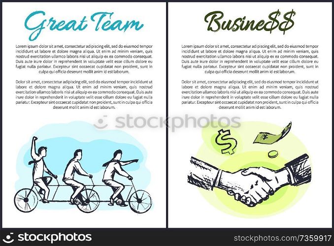 Great team business set of posters with text sample and headlines, colleagues riding on bicycle, hand shaking and making deal, isolated vector illustration. Great Team and Business Set Vector Illustration