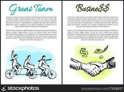 Great team business set of posters with text sample and headlines, colleagues riding on bicycle, hand shaking and making deal, isolated vector illustration. Great Team and Business Set Vector Illustration