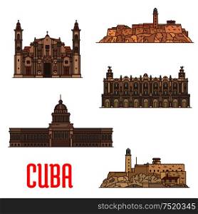 Great Theatre of Havana, Real Fuerza Fortress, San Carlos de la Cabana, National Capitol, St Christopher Havana Cathedral. Vector detailed icons of landmarks and sightseeings of Cuba for souvenirs, travel guide design elements. Landmarks and sightseeings of Cuba