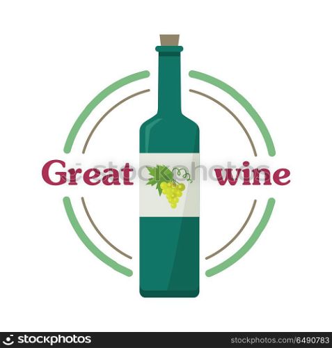 Great Wine Botlle. Check Elite Vintage Light Wine.. Great wine botlle with white wine isolated. Check elite vintage light wine. Winemaking concept. Vine icon or symbol. Part of series of viniculture production and preparation items. Vector
